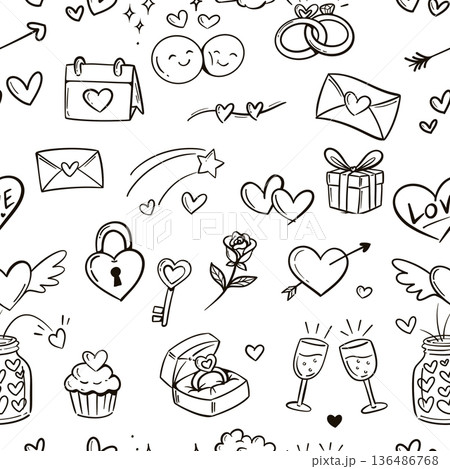 valentine seamless pattern background, cute drawing cartoon of heart, love, ring, rose, letter, Champagne, cup cake, key, calendar isolated on white background, flat minimal style 136486768