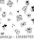 vector of valentine seamless pattern background, cute drawing cartoon of heart balloon, cupid, love letter, cup cake, key, gift box, love bubble isolated on white background, flat minimal style 136486769