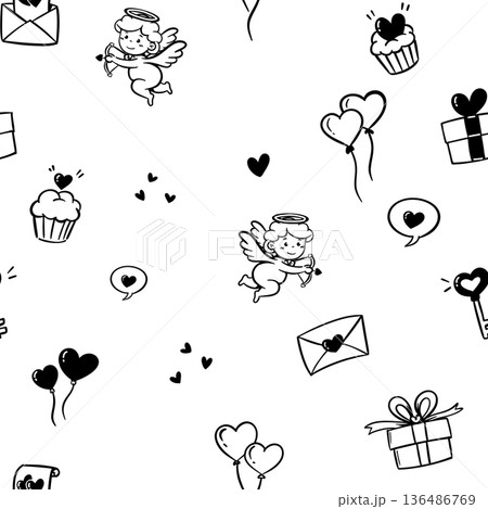vector of valentine seamless pattern background, cute drawing cartoon of heart balloon, cupid, love letter, cup cake, key, gift box, love bubble isolated on white background, flat minimal style vector of valentine seamless pattern background, cute drawing cartoon of heart balloon, cupid, love letter, cup cake, key, gift box, love bubble isolated on white background, flat minimal style 136486769