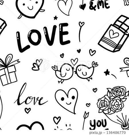 vector of valentine seamless pattern background, cute drawing cartoon of heart, gift box, chicks lover, bouquet of roses, text love you me isolated on white background, flat minimal style vector of valentine seamless pattern background, cute drawing cartoon of heart, gift box, chicks lover, bouquet of roses, text love you me isolated on white background, flat minimal style 136486770