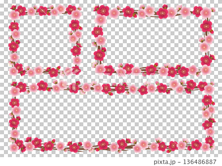 梅の花や枝の長方形や正方形のフレームのセット 136486887