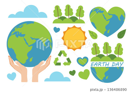 Earth Day set with eco-friendly elements. Green planet, globe, heart-shaped planet, plants, and flowers. Ecology, environmental protection, flat illustration. 136486890