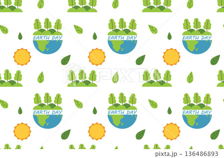 Seamless pattern for Earth Day with eco-friendly elements. Planet, globe, plants, and trees. Ecology, environmental protection, flat vector illustration. 136486893