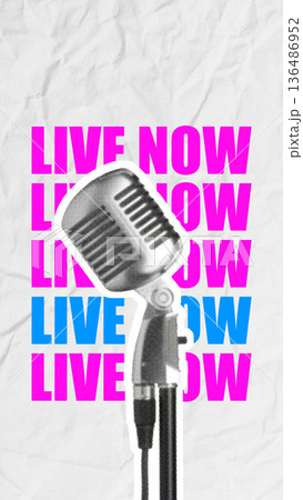 Podcast recording setup with microphone and live show announcement in bright colors Podcast recording setup with microphone and live show announcement in bright colors 136486952