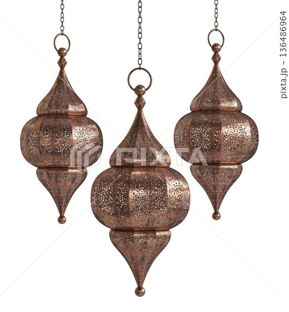 Decorative copper, brass and silver arabic lanterns isolated on white background 136486964