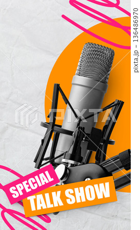 Podcast talk show setup with microphone and colorful background design Podcast talk show setup with microphone and colorful background design 136486970