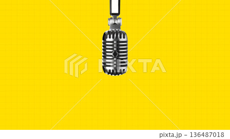 Podcast microphone hangs in front of bright yellow background for recording audio content Podcast microphone hangs in front of bright yellow background for recording audio content 136487018