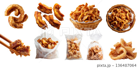 Set of pork lards cracklings scratchings rind Graton belly fats skin, Fried golden brown crunchy, rattan basket, takeout plastic bag, chopstick, stack pile broken bitten, transparent cutout PNG mockup 136487064