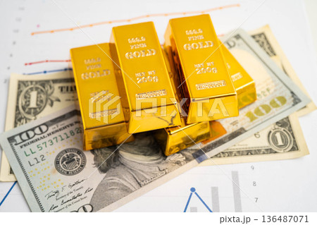 Gold bars on US dollar banknote money, finance trading investment business currency. 136487071