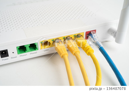 Ethernet cable with wireless router connect to internet service provider network. 136487078