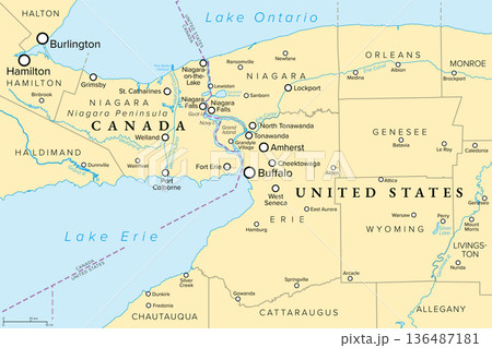 Niagara Peninsula, River, and Falls, political map. The Niagara Region of Canada, and the Niagara Frontier of the United States, a stretch of land, south of Lake Ontario and north of Lake Erie. Vector 136487181