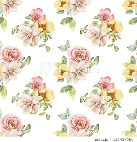 Watercolor seamless floral pattern with pink peony flowers, beige orchid blossoms, small garden flowers and green tropical leaves. For fabric, wallpaper, gift wrap, packaging, stationery 136487560
