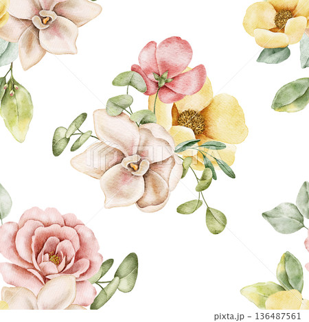 Watercolor floral pattern with pink and yellow camellia and orchid flowers, magnolia blossoms and green leaves. For fabric, wallpaper, gift wrap, packaging, stationery, scrapbooking, surface design. Watercolor floral pattern with pink and yellow camellia and orchid flowers, magnolia blossoms and green leaves. For fabric, wallpaper, gift wrap, packaging, stationery, scrapbooking, surface design. 136487561