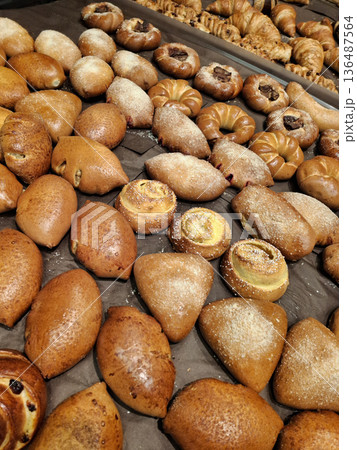 Bakery products on the shelf in a grocery store Bakery products on the shelf in a grocery store 136487564