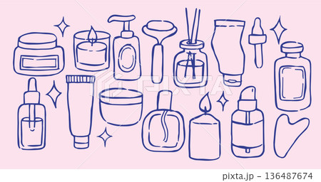 Set of cosmetic care products. Vector illustration in doodle style. Set of cosmetic care products. Vector illustration in doodle style. 136487674