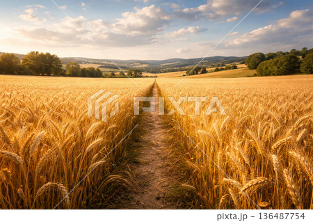 Agricultural landscape with a trail leading through ripe wheat ears 136487754