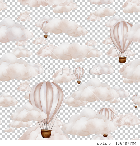 Seamless pattern with hot Air Balloons and Clouds in the sky. Watercolor repeat ornament background for Kids. Cute Print for childish textile design or wallpaper in pastel beige pink colors. 136487784