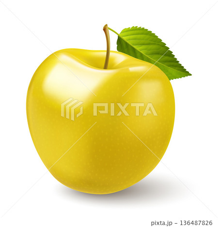 Yellow apple with green leaf 136487826