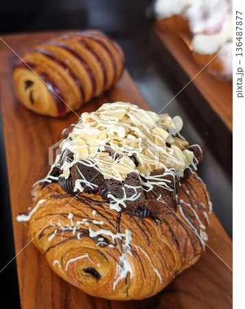 Fresh pastry with chocolate brownie and almond Fresh pastry with chocolate brownie and almond 136487877