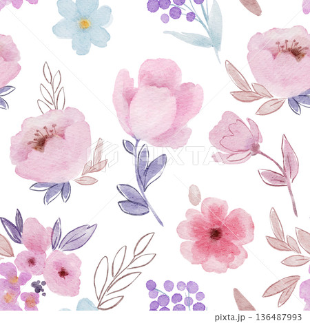 Pink flowers seamless pattern in simple style with pink blossoms, small blue flowers, purple berries. For fabric, wallpaper, gift wrap, packaging, stationery, scrapbooking and surface design. 136487993