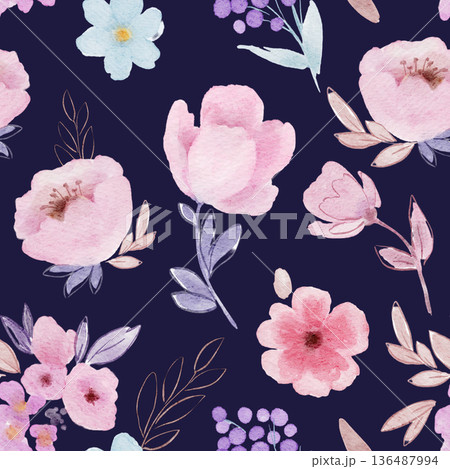 Pink flowers seamless pattern in simple style with pink blossoms, small blue flowers, purple berries on navy background. For fabric, wallpaper, gift wrap, packaging, stationery, scrapbooking and Pink flowers seamless pattern in simple style with pink blossoms, small blue flowers, purple berries on navy background. For fabric, wallpaper, gift wrap, packaging, stationery, scrapbooking and 136487994