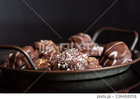 Assorted Chocolates On A Silver Platter, Irresistible Delicacies 136488058