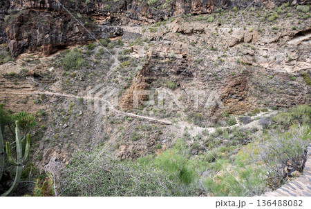 Hiking Trail Through Rugged Mountain Canyon Landscape Hiking Trail Through Rugged Mountain Canyon Landscape 136488082