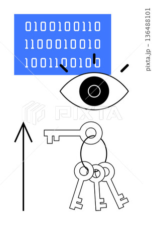 Data protection, cybersecurity, encryption, digital access, secure systems, growth trends. Binary code, an eye keys and an arrow. Data protection and cybersecurity theme 136488101