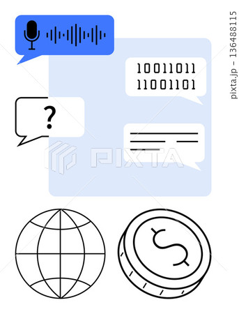 Communication technologies, digital transactions, global connectivity, coding, online trading, artificial intelligence. Speech bubbles with binary codes, question mark, and currency coin 136488115