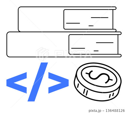 Education, coding, financial literacy, technology learning, resource management, software development. Stacked books, coding symbol and dollar coin icon. Education and coding concept 136488126