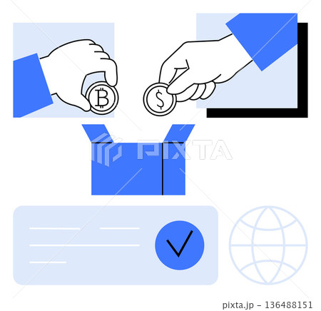 Cryptocurrency exchange, blockchain technology, digital payment systems, online transactions, global commerce, financial management. Two hands exchanging Bitcoin and dollar coins above a box 136488151