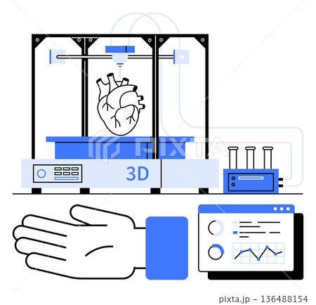 Healthcare innovation, organ transplant, 3D printing, biotechnology, medical technology, lab research. 3D printer creating a heart, hand and data-focused interface. Healthcare innovation 136488154