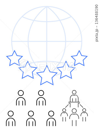 Leadership, teamwork, global outreach, community management, customer satisfaction, organization hierarchy. Globe with stars above figures connected in groups. Global outreach and teamwork concepts 136488190