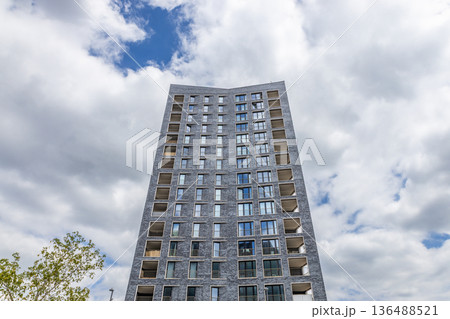 High angle view of a contemporary skyscraper architecture High angle view of a contemporary skyscraper architecture 136488521