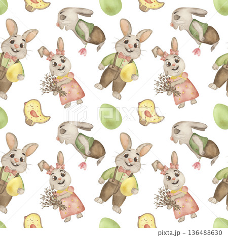 Watercolor seamless pattern with hand painted cute Easter rabbits, eggs and chick in soft pastel tones. Botanical spring illustration on white background for nursery decor, textile, wrapping paper Watercolor seamless pattern with hand painted cute Easter rabbits, eggs and chick in soft pastel tones. Botanical spring illustration on white background for nursery decor, textile, wrapping paper 136488630