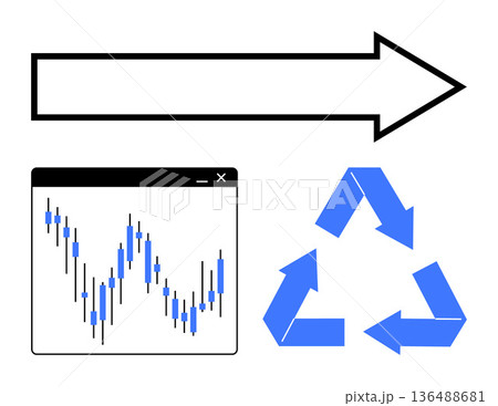 Business growth, sustainability, eco-consciousness, financial data, stock market, trading. Blue recycling symbol, upward arrow and candlestick chart. Eco-consciousness and business growth concept 136488681