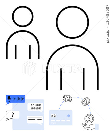 Financial technology, online payments, digital communication, user interaction, voice recognition, currency transactions. Simplified user icons, speech bubbles and payment symbols. Financial Financial technology, online payments, digital communication, user interaction, voice recognition, currency transactions. Simplified user icons, speech bubbles and payment symbols. Financial 136488687