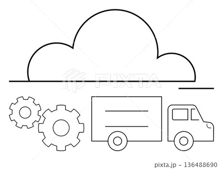 Cloud logistics, cloud computing, transportation system, supply chain, data management, digital integration. Minimalist line art of a cloud, gears and delivery truck. Cloud logistics Cloud logistics, cloud computing, transportation system, supply chain, data management, digital integration. Minimalist line art of a cloud, gears and delivery truck. Cloud logistics 136488690
