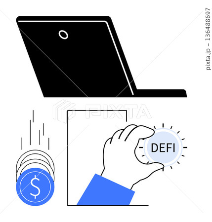Financial technology, decentralized finance, blockchain applications, digital economy, online trading, investment tools. A laptop, currency symbols and a hand holding a DeFi coin. Financial Financial technology, decentralized finance, blockchain applications, digital economy, online trading, investment tools. A laptop, currency symbols and a hand holding a DeFi coin. Financial 136488697