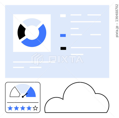 Business management, performance tracking, cloud computing, data visualization, metrics analysis, customer feedback. Dashboard with pie chart, gauge star rating and cloud symbol. Data visualization Business management, performance tracking, cloud computing, data visualization, metrics analysis, customer feedback. Dashboard with pie chart, gauge star rating and cloud symbol. Data visualization 136488702