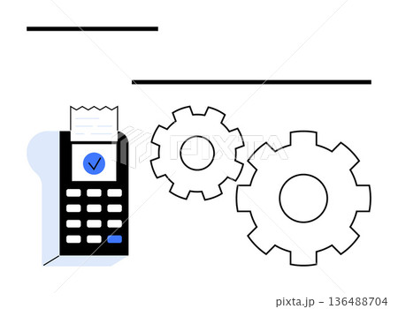 Payment processing, automation, business efficiency, financial management, transaction systems, modern banking. POS terminal with receipt and gears workflow. Payment processing and automation 136488704