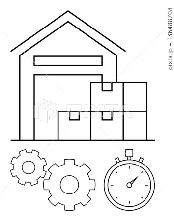 Supply chain, logistics, efficiency, inventory management, warehouse operations, productivity. Warehouse with boxes, gears stopwatch. Logistics and inventory management concept Supply chain, logistics, efficiency, inventory management, warehouse operations, productivity. Warehouse with boxes, gears stopwatch. Logistics and inventory management concept 136488708