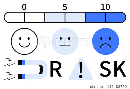 Risk analysis, user feedback, emotional response, business evaluation, decision-making, customer satisfaction. Scale with numbers, faces magnet and warning icon. Risk analysis and user feedback Risk analysis, user feedback, emotional response, business evaluation, decision-making, customer satisfaction. Scale with numbers, faces magnet and warning icon. Risk analysis and user feedback 136488730