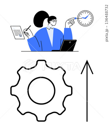 Business growth, time optimization, productivity, process improvement, workflow, goal achievement. Woman pointing at clock, holding paper and using a laptop. Productivity and time optimization 136488732