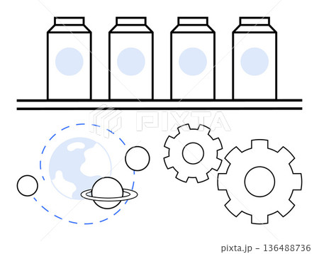 Automation, manufacturing, technology, industry, global trade, innovation. Factory production line, planetary orbit symbols and gears. Automation and manufacturing concepts visually Automation, manufacturing, technology, industry, global trade, innovation. Factory production line, planetary orbit symbols and gears. Automation and manufacturing concepts visually 136488736