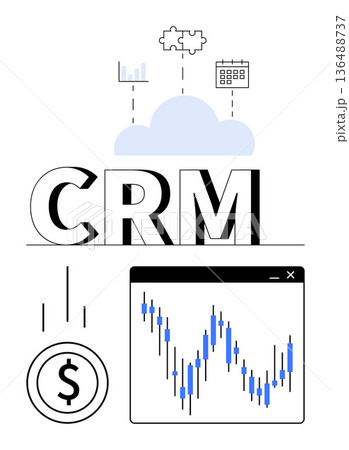 Business management, customer relationships, financial trends, data visualization, analytics tools, and productivity. CRM text, cloud financial graph and coin icon. Business management and customer 136488737