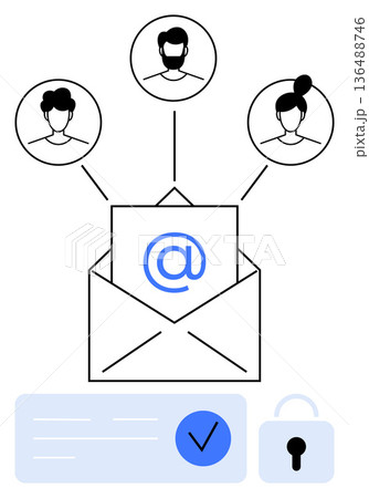 Email marketing, online privacy, user communication, secure data, digital networking, identity protection. Open envelope with at symbol, user profiles lock and checkmark. Online privacy and user 136488746