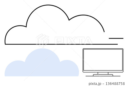 Cloud storage, web hosting, data backup, digital workspace, IT solutions, network connectivity. Minimalist design of a cloud and computer screen. Cloud storage and web hosting concept 136488758