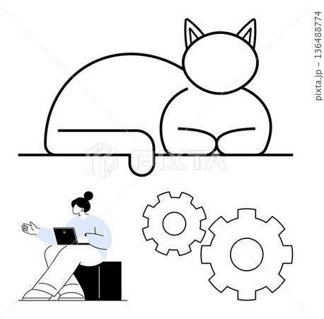 Creativity, teamwork, brainstorming, productivity, minimalism, adaptability. Abstract cat outline, person using a laptop and gears. Creativity and teamwork reflected through iconic and conceptual 136488774