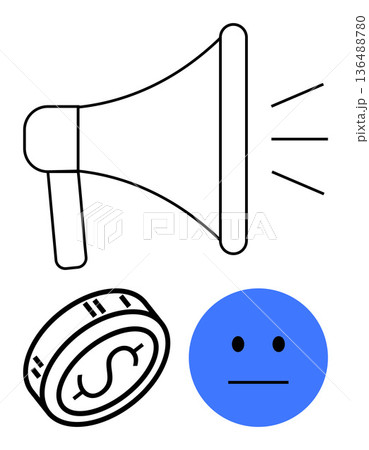 Advertising, finance, emotion, business strategies, audience engagement, feedback analysis. Black megaphone, dollar coin and neutral face icon. Advertising and finance concept 136488780